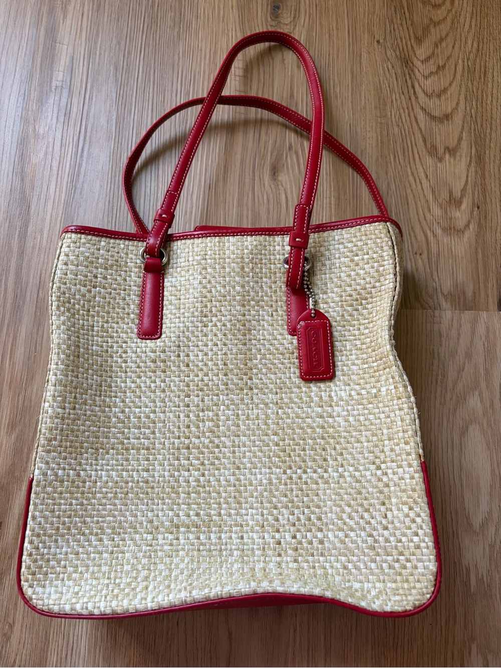 Coach Straw Tote with Red Leather Trim